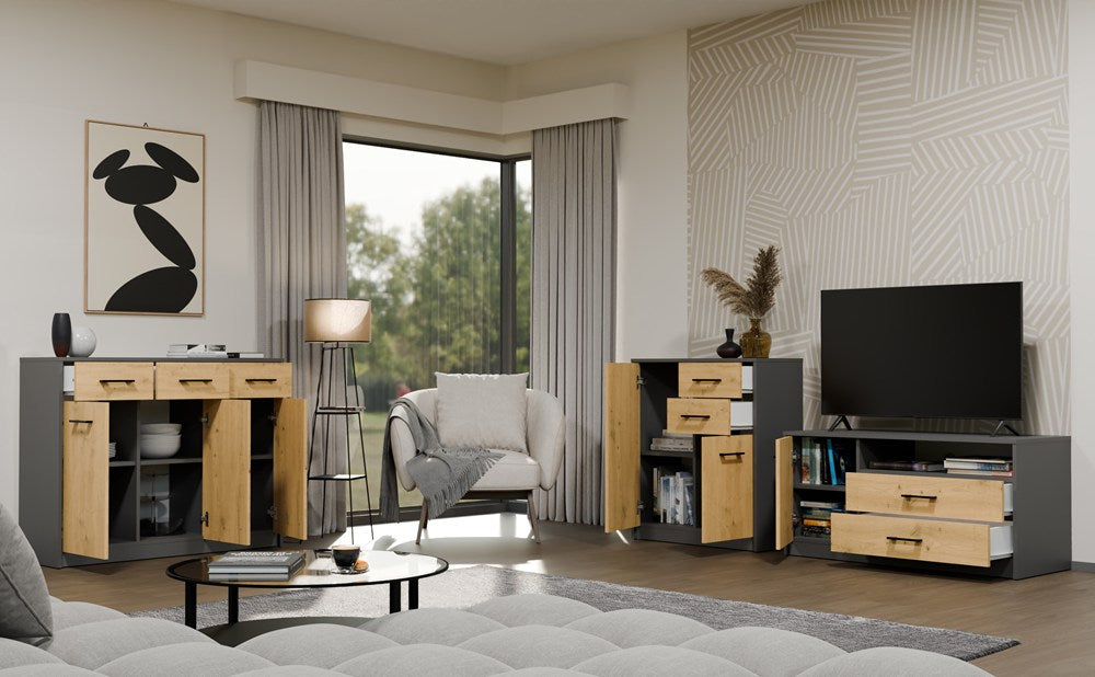 Komoda SIMPLO 2D2S Szafka 2 Szuflady 2 Drzwi Do Salonu ANTRACYT DĄB ARTISAN