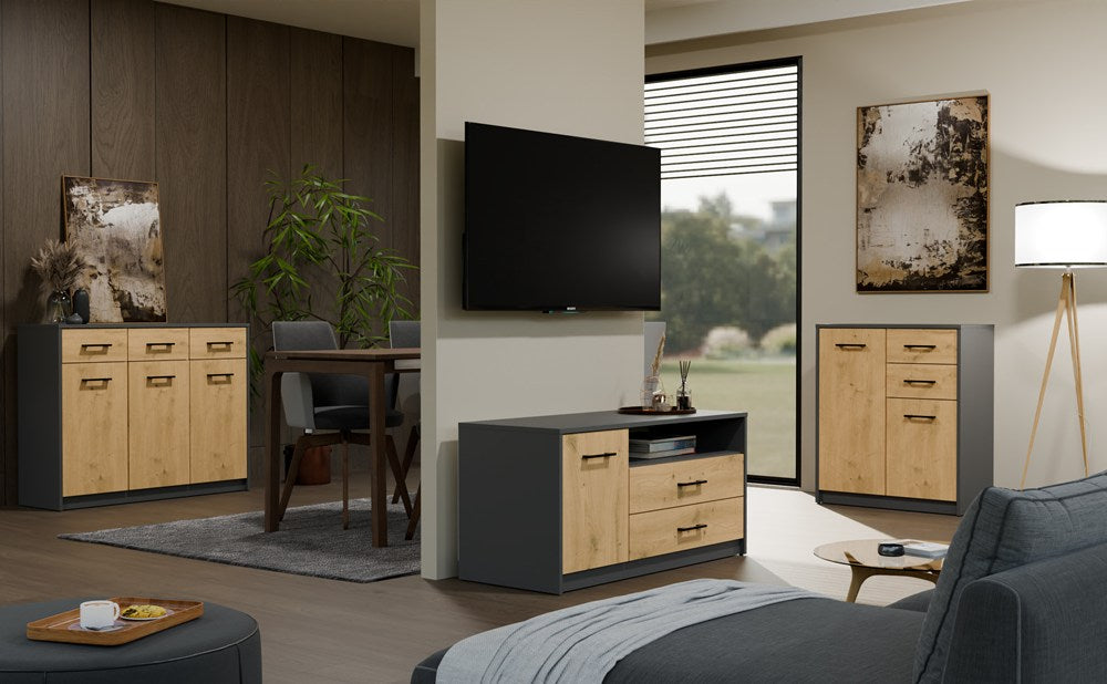 Komoda SIMPLO 3D3S Szafka 3 Szuflady 3 Drzwi ANTRACYT DĄB ARTISAN