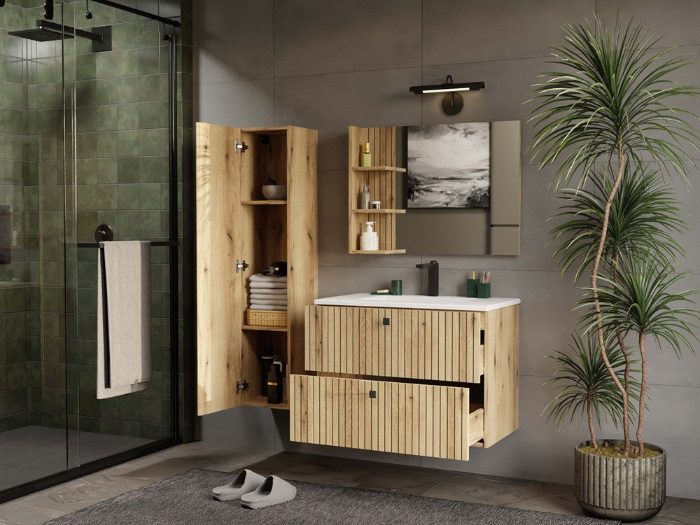 SZAFKA POD UMYWALKĘ TIGO 80 2S DĄB EVOKE 2 SZUFLADY RYFLOWANY FRONT WISZĄCA