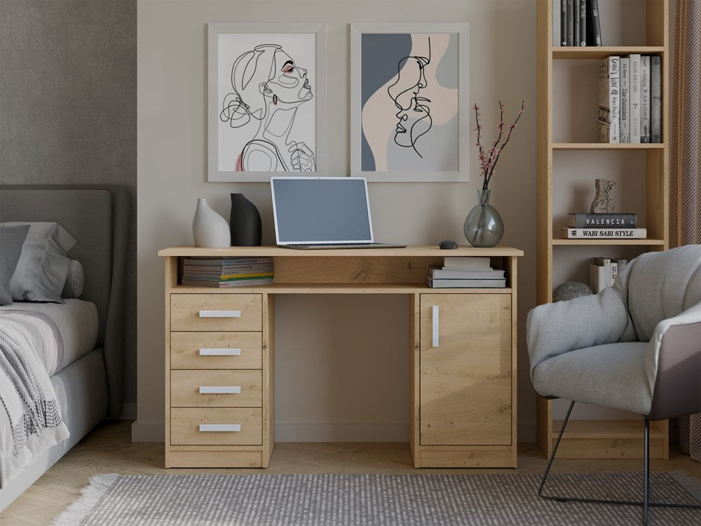 BIURKO ADA DĄB ARTISAN 125 Cm 4 Szuflady Szafka Półki Do Biura Pokoju Na Laptop