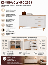 Komoda Olympo 2D3S Biała Dąb Artisan Szafka 150 Cm 3 Szuflady 2 Drzwi