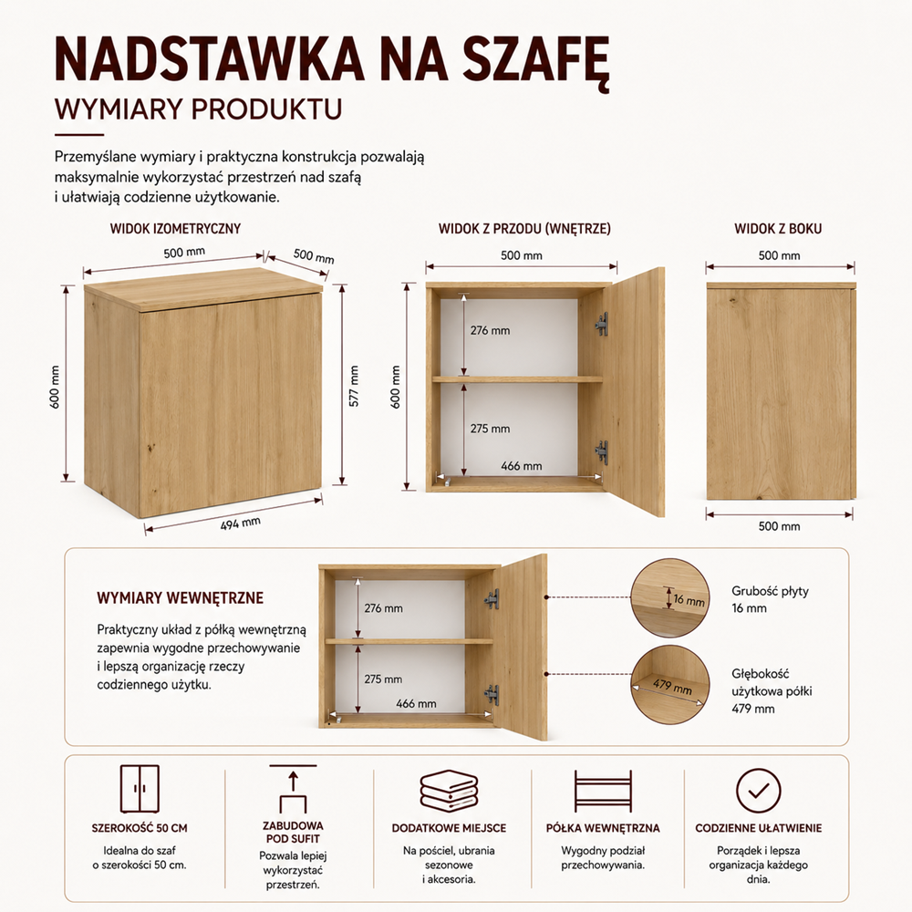 Nadstawka Na Szafę Sd-50 Dąb Artisan Półka 50 Cm Do Garderoby Pokoju