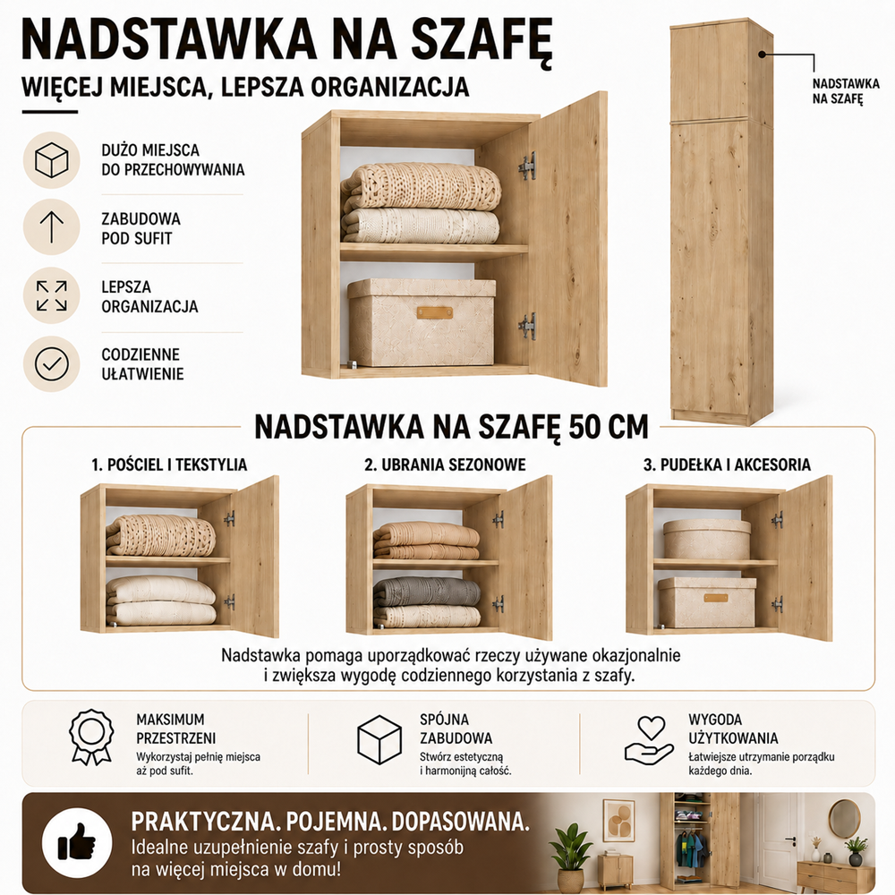 Nadstawka Na Szafę Sd-50 Dąb Artisan Półka 50 Cm Do Garderoby Pokoju
