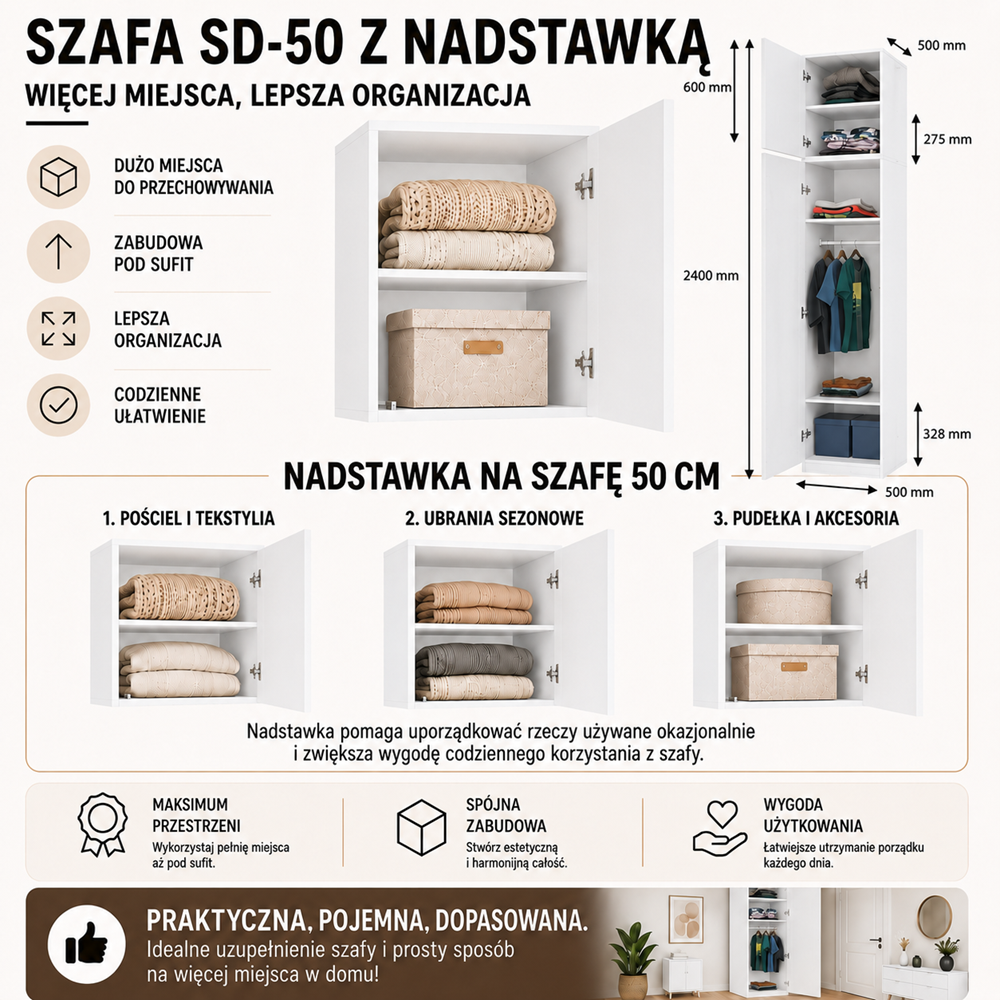 Szafa Z Nadstawką Sd-50 Drzwi Półki Biel Mat Do Garderoby Pokoju Biura