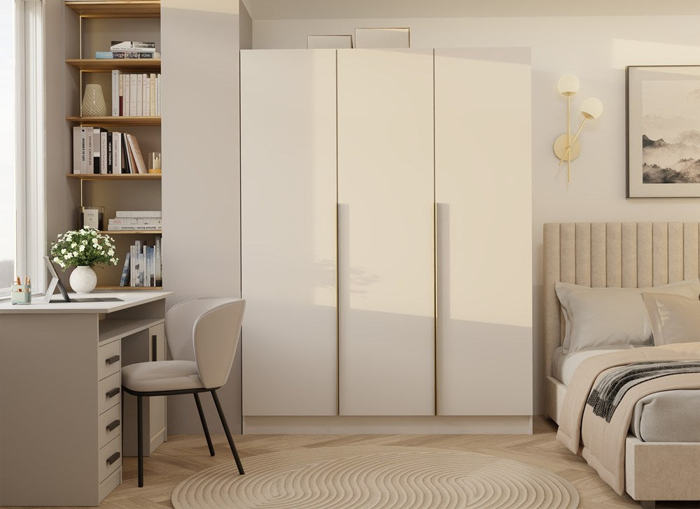 SZAFA SENSO 3D 150 CM 3 DRZWI ZŁOTE UCHWYTY DO SALONU SYPIALNI KASZMIR BEŻ