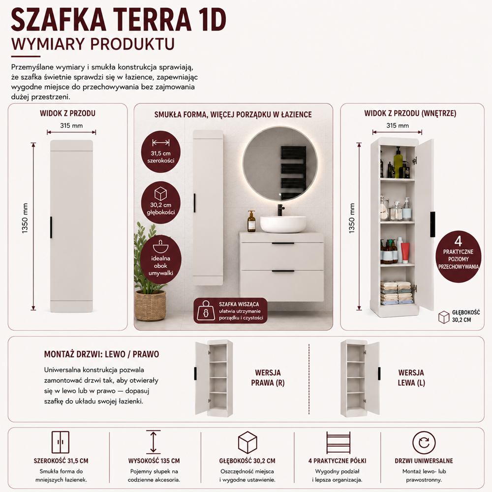 Szafka Łazienkowa Wisząca Terra 1D Kaszmir Beż Słupek 4 Półki Do Łazienki