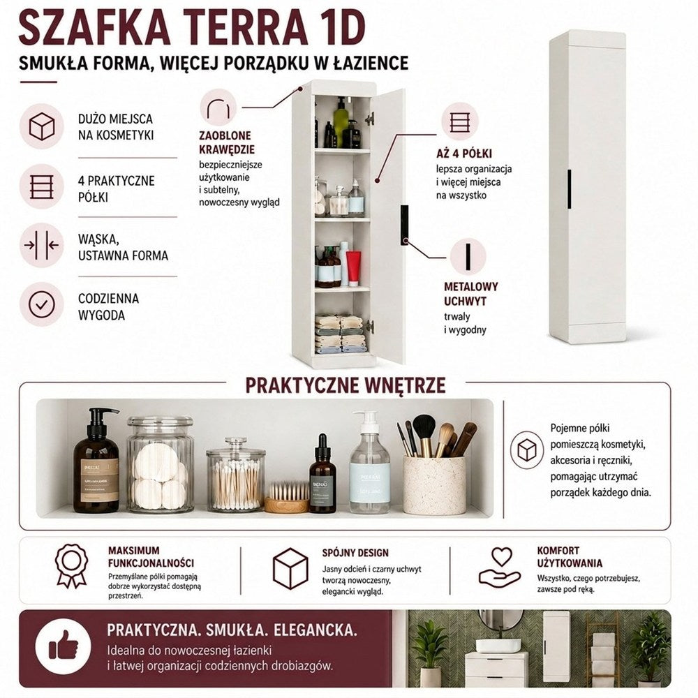 Szafka Łazienkowa Wisząca Terra 1D Kaszmir Beż Słupek 4 Półki Do Łazienki