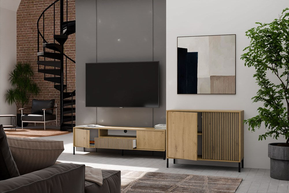 Komoda Front Ryflowany Szafka KAMARO 2D Slim / Gładki DĄB ARTISAN Lamele