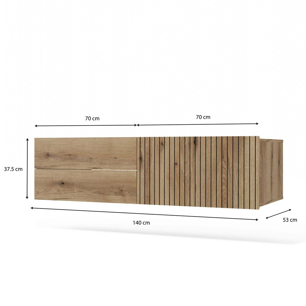 SZAFKA POD UMYWALKĘ TIGO 1D2S DĄB EVOKE 140 CM 2 SZUFLADY RYFLOWANY FRONT WISZĄCA