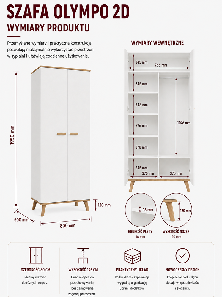Szafa Ubraniowa Olympo 2D Biała Dąb Artisan 80 Cm Drążek 2 Drzwi Sypialnia