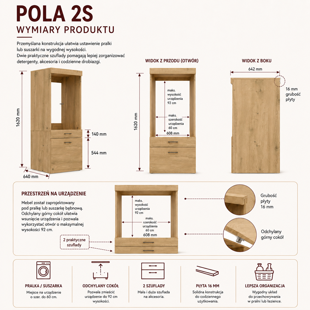 Szafka Łazienkowa Na Pralkę Lub Suszarkę Pola 2S Dąb Artisan 2 Szuflady