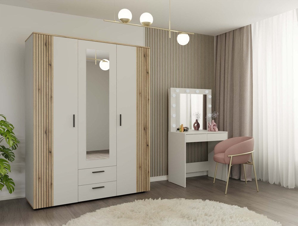 SZAFA AVA 150 CM LUSTRO 2 SZUFLADY RYFLOWANY FRONT DĄB EVOKE KASZMIR BEŻ