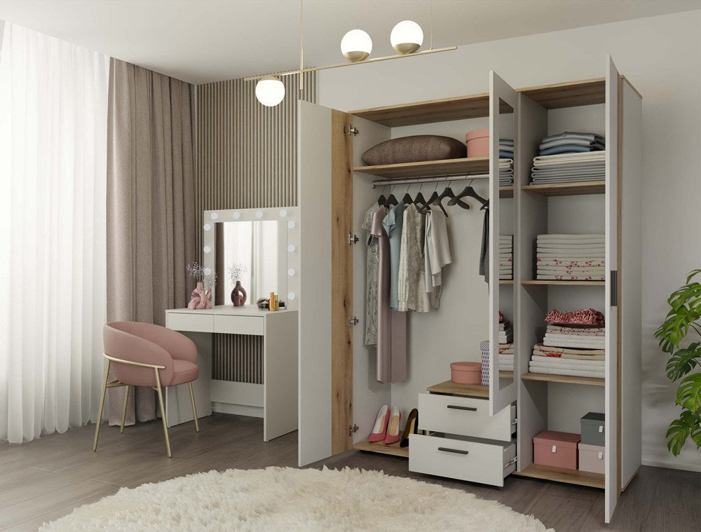 SZAFA AVA 150 CM LUSTRO 2 SZUFLADY RYFLOWANY FRONT DĄB EVOKE KASZMIR BEŻ