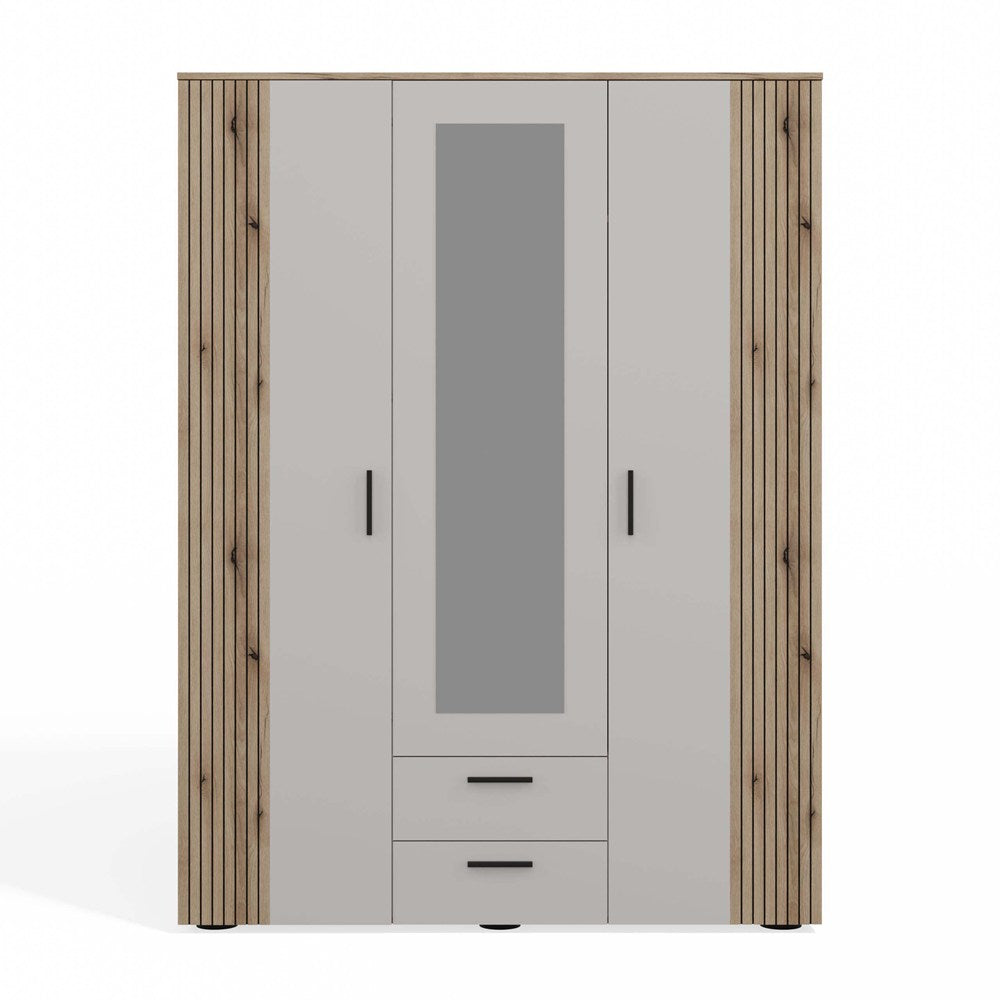 SZAFA AVA 150 CM LUSTRO 2 SZUFLADY RYFLOWANY FRONT DĄB EVOKE KASZMIR BEŻ