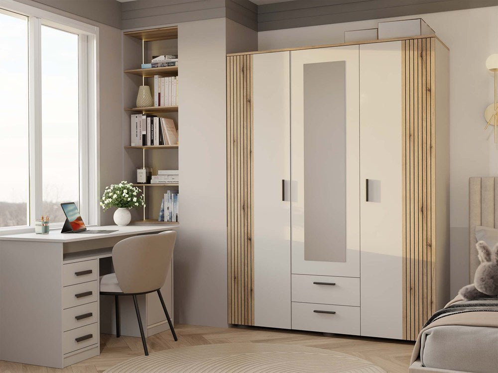 SZAFA AVA 150 CM LUSTRO 2 SZUFLADY RYFLOWANY FRONT DĄB EVOKE KASZMIR BEŻ