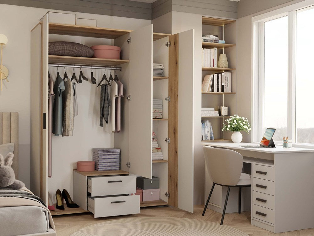 SZAFA AVA 150 CM LUSTRO 2 SZUFLADY RYFLOWANY FRONT DĄB EVOKE KASZMIR BEŻ