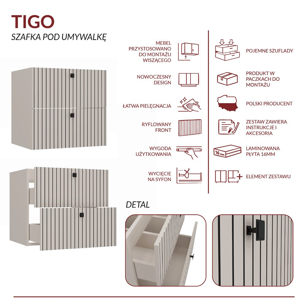 SZAFKA POD UMYWALKĘ TIGO 60 2S KASZMIR 2 SZUFLADY RYFLOWANY FRONT WISZĄCA