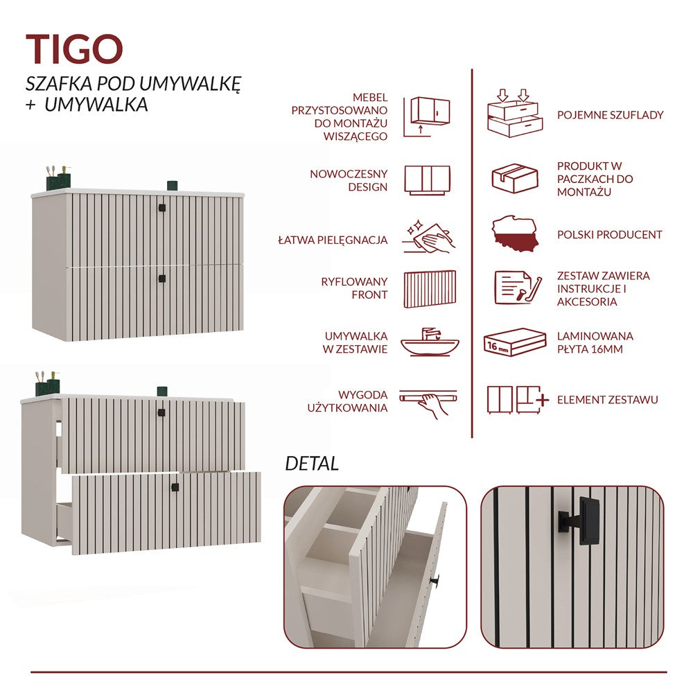 SZAFKA POD UMYWALKĘ TIGO 80 2S KASZMIR RYFLOWANY FRONT + UMYWALKA