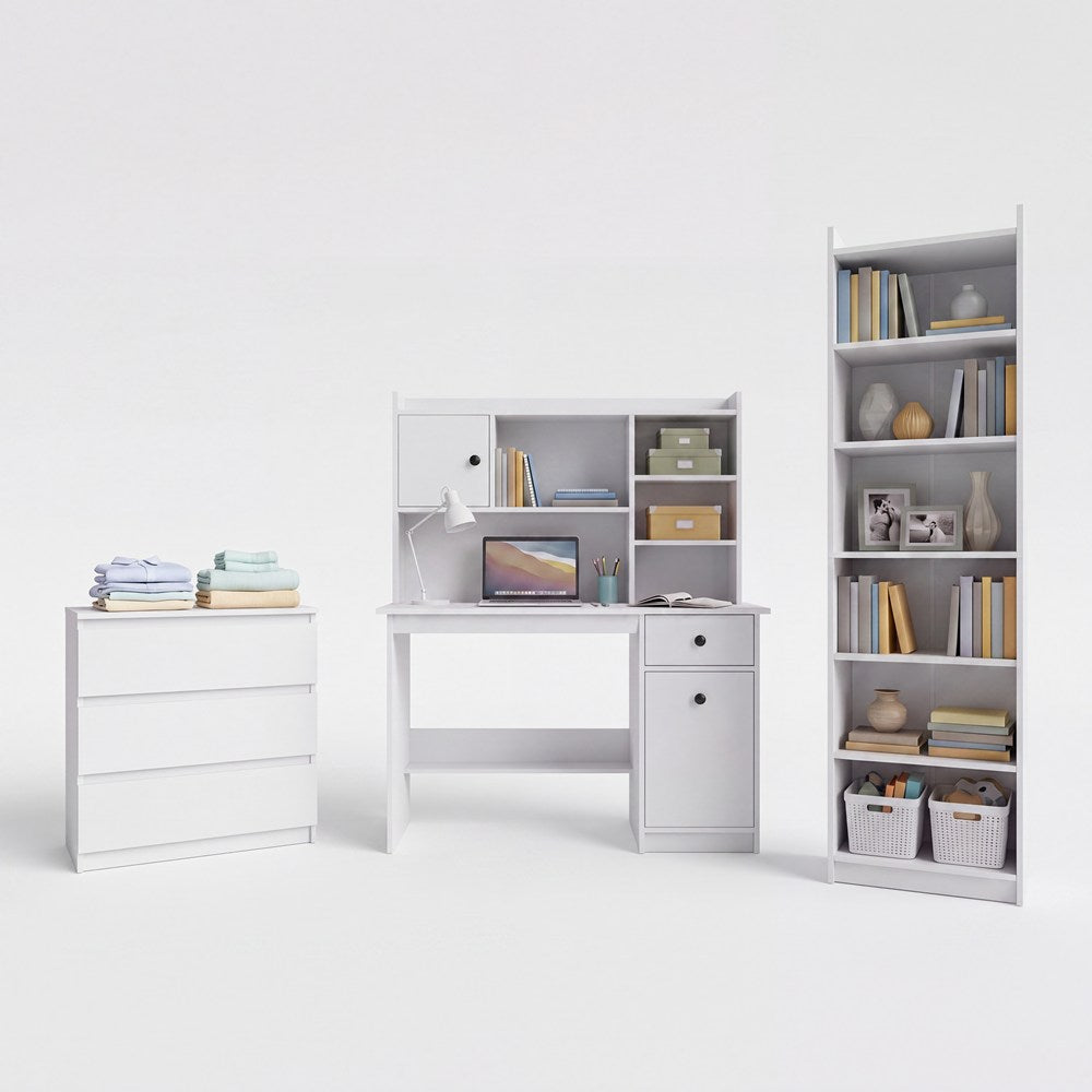 Zestaw Mebli Biurko Chester + Nadstawka 120 + Komoda M3 + Regał Rimini Biel